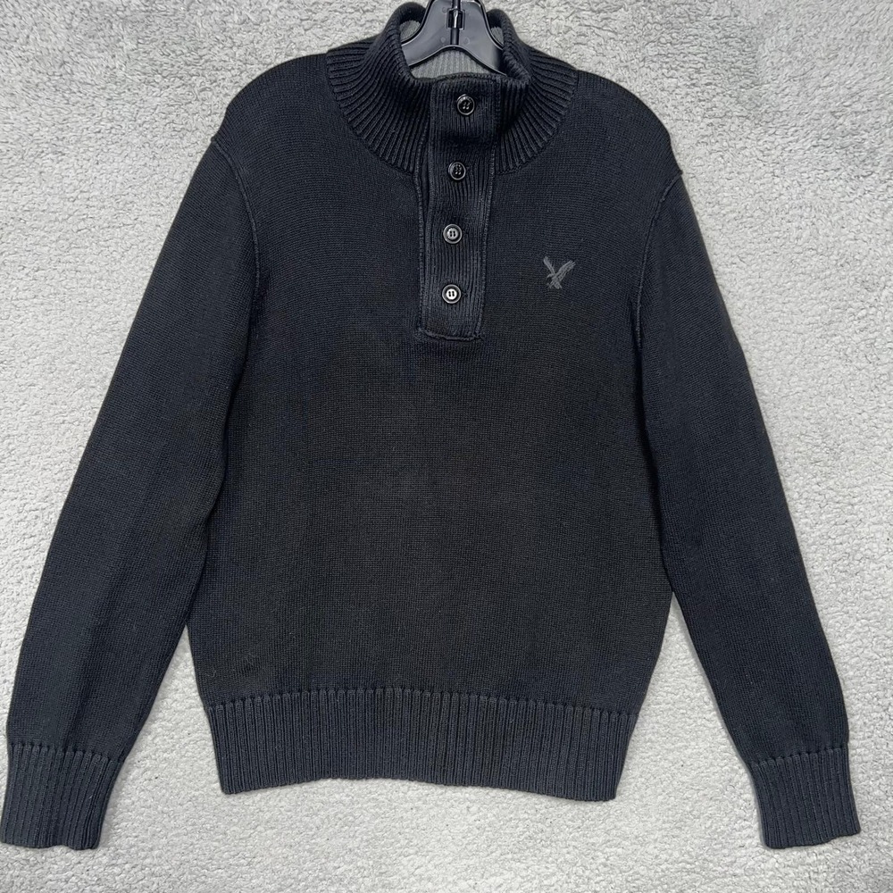 VTG American Eagle Outfitters Sweater Men's Sz M Black Henley Mock Neck Pullover